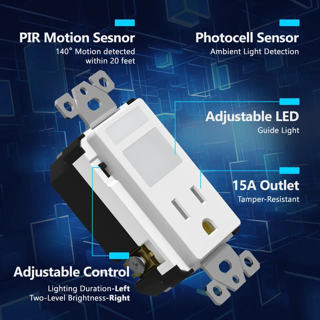 Alt view image 3 of 7 - 15A Outlet, LED, Motion Sensor, PIR Guide Light Receptacle, UL Listed Matte White, Adjustable Time Delay, Tamper-Resistant, Wall Plate Included, Thermoplastic, Daylight Sensor