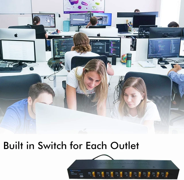 Alt view image 6 of 6 - Electric Power Supply w/ 9 Power switches, 1800 Watt Max Load 5V USB Charging Port, 9 Outlet High Load Power Cord (4 Foot)