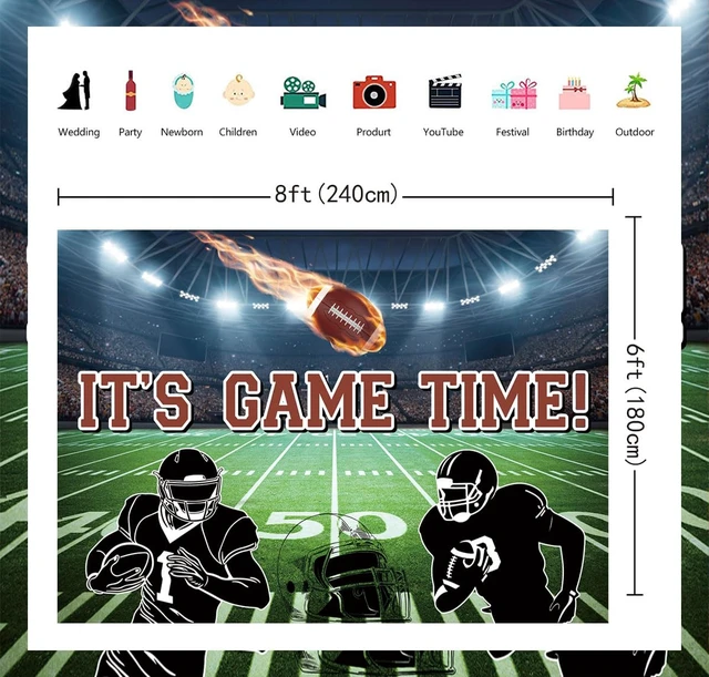 Alt view image 2 of 7 - Football Field Backdrop 8x6FT It's Game Time Banner American Football Auditorium Light Rugby Photography Background for Boys Ball Theme Party Decorations Banner 94X70 inch