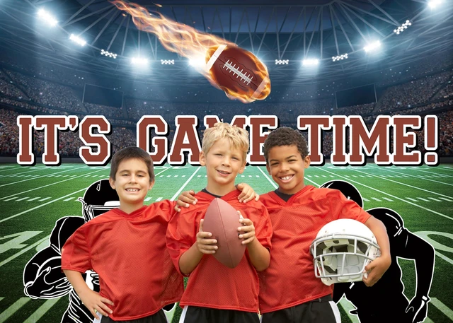 Alt view image 5 of 7 - Football Field Backdrop 8x6FT It's Game Time Banner American Football Auditorium Light Rugby Photography Background for Boys Ball Theme Party Decorations Banner 94X70 inch