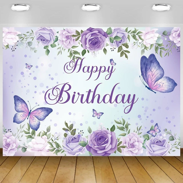 Main image of Purple Butterfly Birthday Banner Backdrop for Women Girl 8x6Ft Rose Flowers Butterfly Purple Happy Birthday Banner Purple Backdrop Decortions for GILR 's Party 96x72 Inch Polyester