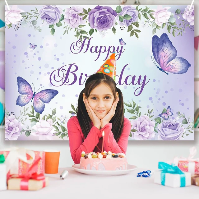Alt view image 2 of 7 - Purple Butterfly Birthday Banner Backdrop for Women Girl 8x6Ft Rose Flowers Butterfly Purple Happy Birthday Banner Purple Backdrop Decortions for GILR 's Party 96x72 Inch Polyester