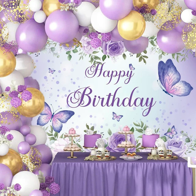 Alt view image 4 of 7 - Purple Butterfly Birthday Banner Backdrop for Women Girl 8x6Ft Rose Flowers Butterfly Purple Happy Birthday Banner Purple Backdrop Decortions for GILR 's Party 96x72 Inch Polyester