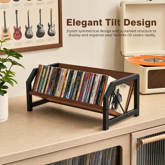 Alt view image 3 of 7 - CD Holder Rack, Tilting DVD Storage Shelf for Tower Small Space Store Up to 38 CDs and 30 DVDs, Desktop Bookshelf Organizer, Easy Acess, Sturdy Metal & Wood Construction, Portable Angle