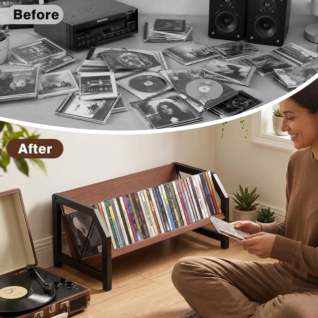 Alt view image 5 of 7 - CD Holder Rack, Tilting DVD Storage Shelf for Tower Small Space Store Up to 38 CDs and 30 DVDs, Desktop Bookshelf Organizer, Easy Acess, Sturdy Metal & Wood Construction, Portable Angle
