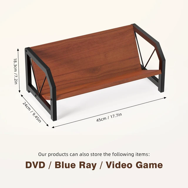 Alt view image 2 of 7 - CD Holder Rack, Tilting DVD Storage Shelf for Tower Small Space Store Up to 38 CDs and 30 DVDs, Desktop Bookshelf Organizer, Easy Acess, Sturdy Metal & Wood Construction, Portable Angle