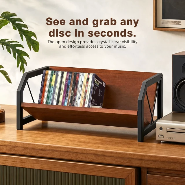 Alt view image 4 of 7 - CD Holder Rack, Tilting DVD Storage Shelf for Tower Small Space Store Up to 38 CDs and 30 DVDs, Desktop Bookshelf Organizer, Easy Acess, Sturdy Metal & Wood Construction, Portable Angle