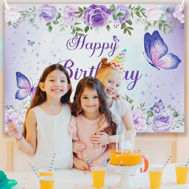 Alt view image 5 of 7 - Purple Butterfly Birthday Banner Backdrop for Women Girl 8x6Ft Rose Flowers Butterfly Purple Happy Birthday Banner Purple Backdrop Decortions for GILR 's Party 96x72 Inch Polyester