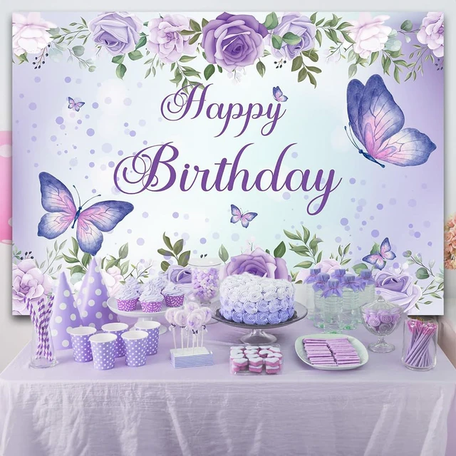 Alt view image 6 of 7 - Purple Butterfly Birthday Banner Backdrop for Women Girl 8x6Ft Rose Flowers Butterfly Purple Happy Birthday Banner Purple Backdrop Decortions for GILR 's Party 96x72 Inch Polyester