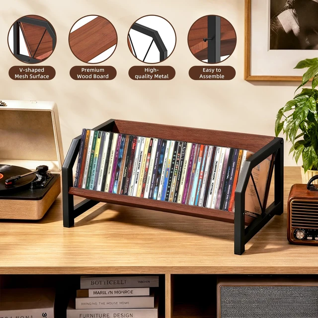 Alt view image 7 of 7 - CD Holder Rack, Tilting DVD Storage Shelf for Tower Small Space Store Up to 38 CDs and 30 DVDs, Desktop Bookshelf Organizer, Easy Acess, Sturdy Metal & Wood Construction, Portable Angle