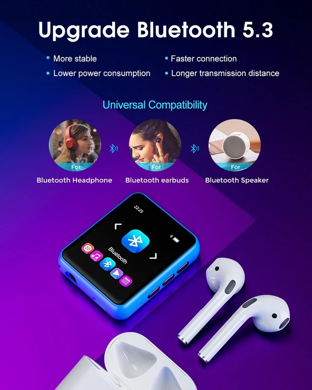 Alt view image 4 of 6 - 32GB MP3 Player with Bluetooth, Portable High Fidelity Lossless Music Player, 1.8IN Full Touchscreen MP3 Player with Built-in Speaker, FM Radio, Recording, E-Book