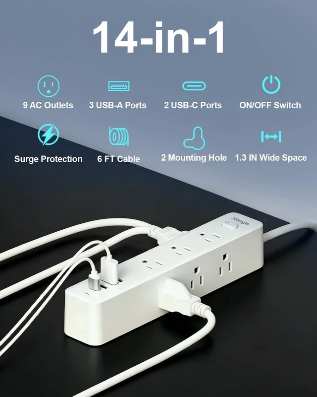 Alt view image 2 of 7 - 6FT Extension Cord - Multi Outlets, USB C Ports,Office Home Dorm Essentials Surge Protector Power Strip, 9 AC Outlets, 5 USB (2 USB C) Ports, Charging Station, Mountable, Desk Accessories for Women