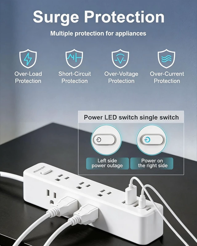 Alt view image 4 of 7 - 6FT Extension Cord - Multi Outlets, USB C Ports,Office Home Dorm Essentials Surge Protector Power Strip, 9 AC Outlets, 5 USB (2 USB C) Ports, Charging Station, Mountable, Desk Accessories for Women