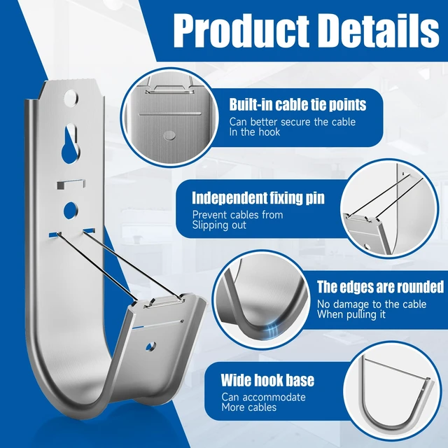 Alt view image 3 of 7 - 20 Pack J Cable Hook with Retainer Clip,2" J-Hook for Hanging Cable & Wire Heavy Duty Wall Mount J-Hooks,Cable Hooks for Structured Cabling and Cable Management