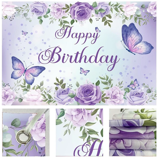Alt view image 7 of 7 - Purple Butterfly Birthday Banner Backdrop for Women Girl 8x6Ft Rose Flowers Butterfly Purple Happy Birthday Banner Purple Backdrop Decortions for GILR 's Party 96x72 Inch Polyester