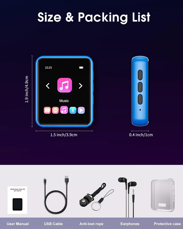 Alt view image 6 of 6 - 32GB MP3 Player with Bluetooth, Portable High Fidelity Lossless Music Player, 1.8IN Full Touchscreen MP3 Player with Built-in Speaker, FM Radio, Recording, E-Book
