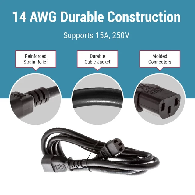 Alt view image 5 of 7 - 3 Prong Power Cord 6ft (1.82m), C13 to C14, 14 AWG Heavy-Duty 15A/250V IEC 60320 C13 to IEC 60320 C14 Power Cable for Network Equipment and Data Center Applications, Black
