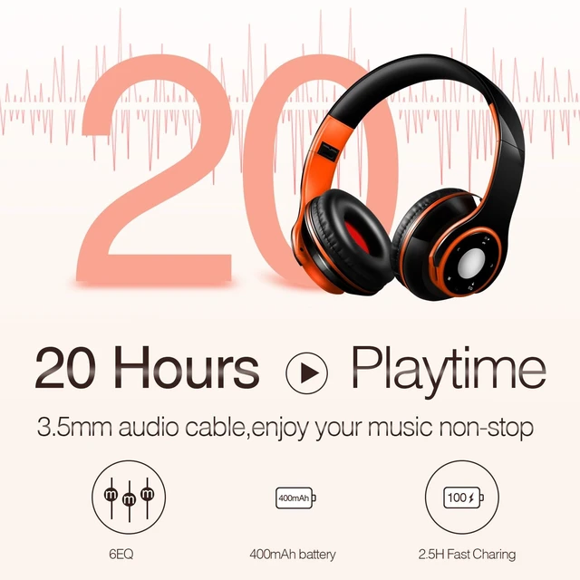 Alt view image 2 of 7 - Bluetooth Headphones Over Ear, Wireless Headphones with 5 EQ Modes, 20 Hours Playtime Foldable HiFi Stereo Headset with Microphone, FM/TF for Cellphone/PC/Work/Travel/Kids/Adults/Gift (Orange)