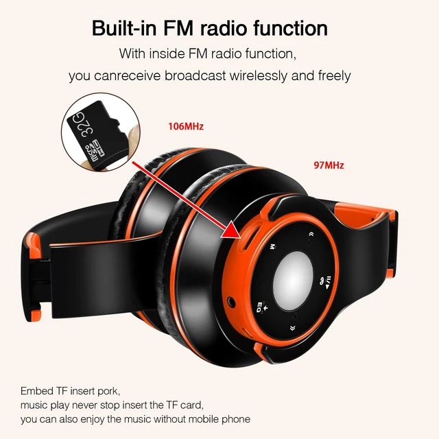 Alt view image 6 of 7 - Bluetooth Headphones Over Ear, Wireless Headphones with 5 EQ Modes, 20 Hours Playtime Foldable HiFi Stereo Headset with Microphone, FM/TF for Cellphone/PC/Work/Travel/Kids/Adults/Gift (Orange)