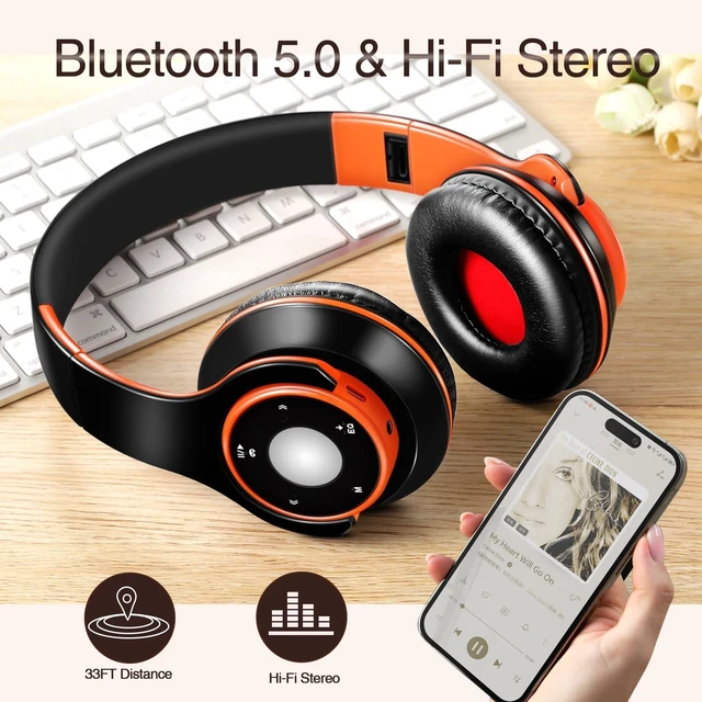 Alt view image 3 of 7 - Bluetooth Headphones Over Ear, Wireless Headphones with 5 EQ Modes, 20 Hours Playtime Foldable HiFi Stereo Headset with Microphone, FM/TF for Cellphone/PC/Work/Travel/Kids/Adults/Gift (Orange)
