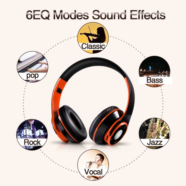 Alt view image 7 of 7 - Bluetooth Headphones Over Ear, Wireless Headphones with 5 EQ Modes, 20 Hours Playtime Foldable HiFi Stereo Headset with Microphone, FM/TF for Cellphone/PC/Work/Travel/Kids/Adults/Gift (Orange)