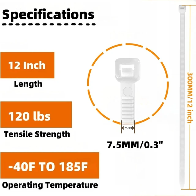 Alt view image 3 of 7 - White Zip Ties 12 Inch(100 Pieces), Heavy Duty Self-Locking Nylon Cable Ties, 120LBS Tensile Strength, Ideal for Indoor & Outdoor Use