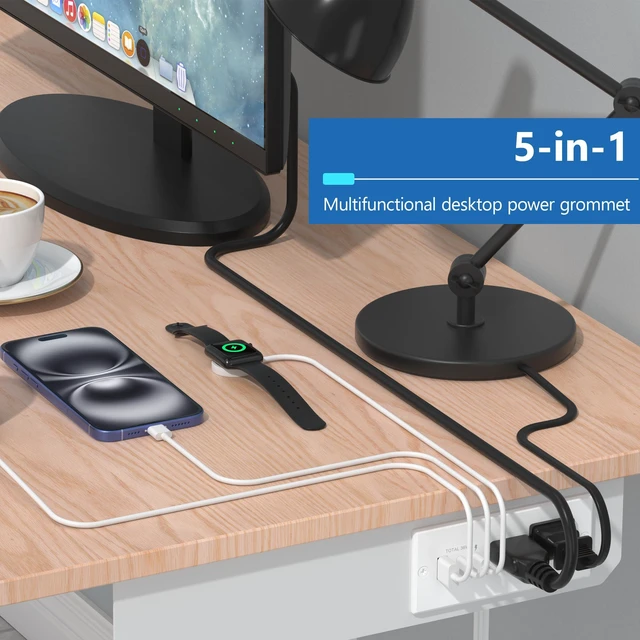 Alt view image 4 of 7 - PD 36W Recessed Outlet Station, USB-A, USB-C, Power Delivery ETL Listed, Matte White, Desktop Power Grommet, Thermoplastic, Tough And Heat Resistant, Easy Installation