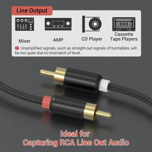 Alt view image 3 of 6 - RCA to USB C Audio Capture Cable, RCA Input to Type C Line-in Hi-Res 96KHz/24-bit Analog-to-Digital Recording Cord for Cassettes, Mixers & CD Players, 5FT (Not for Playback)