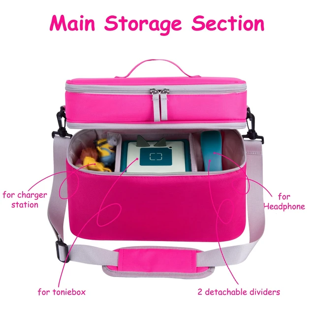 Alt view image 3 of 4 - Rosy Pink Storage Bag for Toniebox 1 or 2, Player Box & Accessories Two spacious storage pockets, removable compartment, detachable shoulder strap, portable design for trips