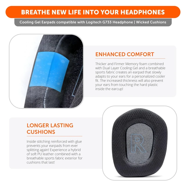 Alt view image 4 of 7 - Freeze G733 - Cooling Gel Earpads for Logitech G733 Headphones Made by Wicked Cushions Enhanced Comfort & Thickness with Cooling Gel Technology Black