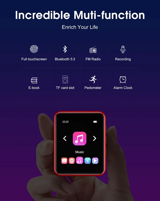 Alt view image 4 of 7 - Bluetooth5.3 MP3 Player, Portable HiFi Lossless Music Player, 1.8 Inch Full Touch Screen MP3 Player with Built-in HD Speaker, FM Radio, Voice Recorder, E-Book