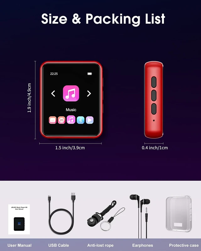 Alt view image 7 of 7 - Bluetooth5.3 MP3 Player, Portable HiFi Lossless Music Player, 1.8 Inch Full Touch Screen MP3 Player with Built-in HD Speaker, FM Radio, Voice Recorder, E-Book