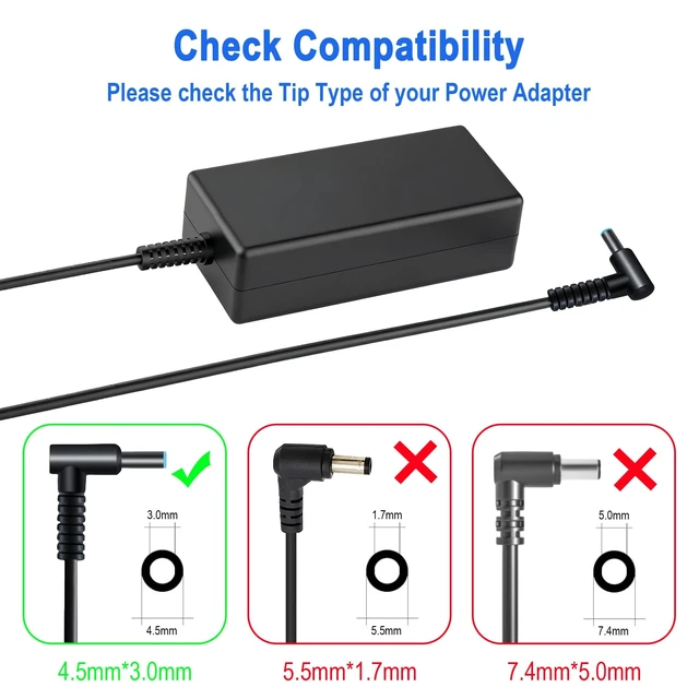 Alt view image 3 of 7 - 45W Laptop Charger for HP Pavilion x360 Envy Chromebook Stream EliteBook 840 G3 G5 Zbook 14u 15u G4 G5, 19.5V 2.31A 4.5x3.0mm Smart Blue Tip Power Cord