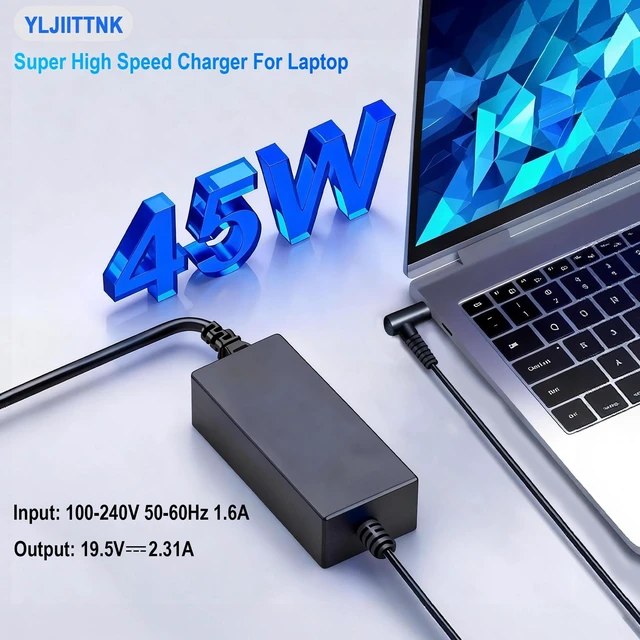 Alt view image 2 of 7 - 45W Laptop Charger for HP Pavilion x360 Envy Chromebook Stream EliteBook 840 G3 G5 Zbook 14u 15u G4 G5, 19.5V 2.31A 4.5x3.0mm Smart Blue Tip Power Cord