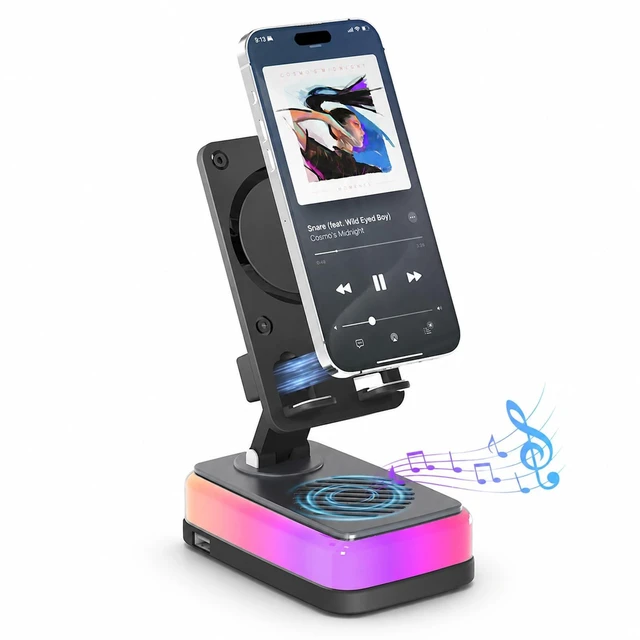 Main image of Wireless Induction Speaker, Bluetooth Speaker with Phone Stand RGB light, 3000mAh rechargeable battery and foldable holder for iPhone, Android and iPad; gifts for men, women and teens