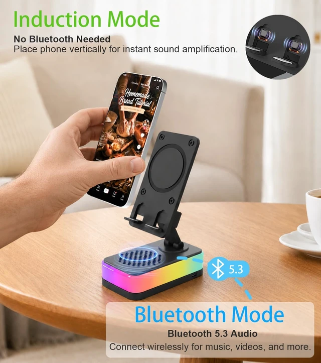 Alt view image 2 of 7 - Wireless Induction Speaker, Bluetooth Speaker with Phone Stand RGB light, 3000mAh rechargeable battery and foldable holder for iPhone, Android and iPad; gifts for men, women and teens