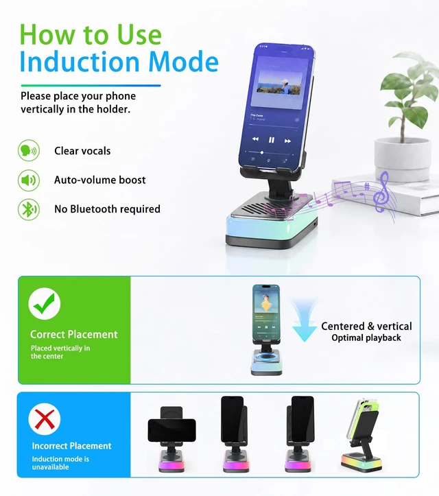 Alt view image 5 of 7 - Wireless Induction Speaker, Bluetooth Speaker with Phone Stand RGB light, 3000mAh rechargeable battery and foldable holder for iPhone, Android and iPad; gifts for men, women and teens