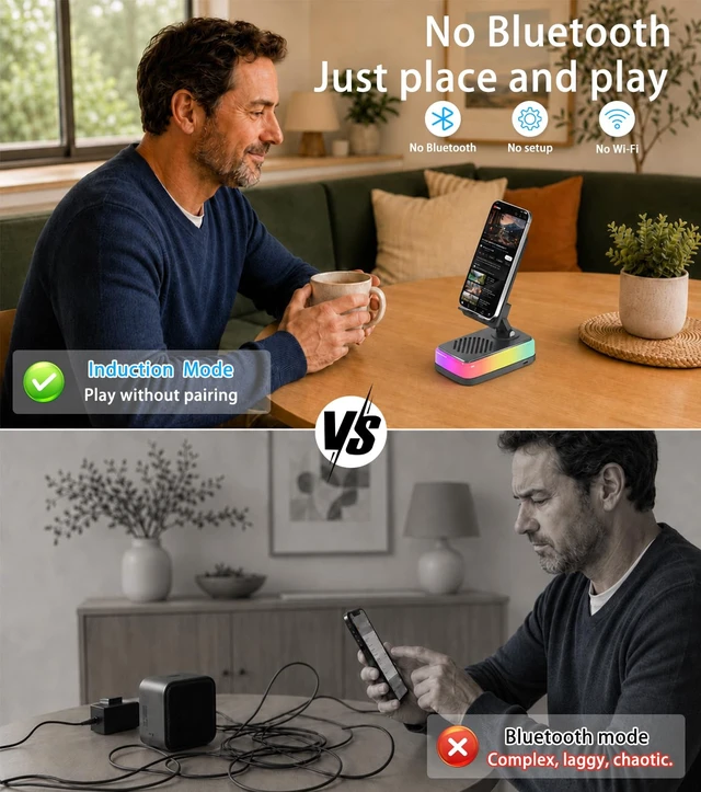 Alt view image 3 of 7 - Wireless Induction Speaker, Bluetooth Speaker with Phone Stand RGB light, 3000mAh rechargeable battery and foldable holder for iPhone, Android and iPad; gifts for men, women and teens