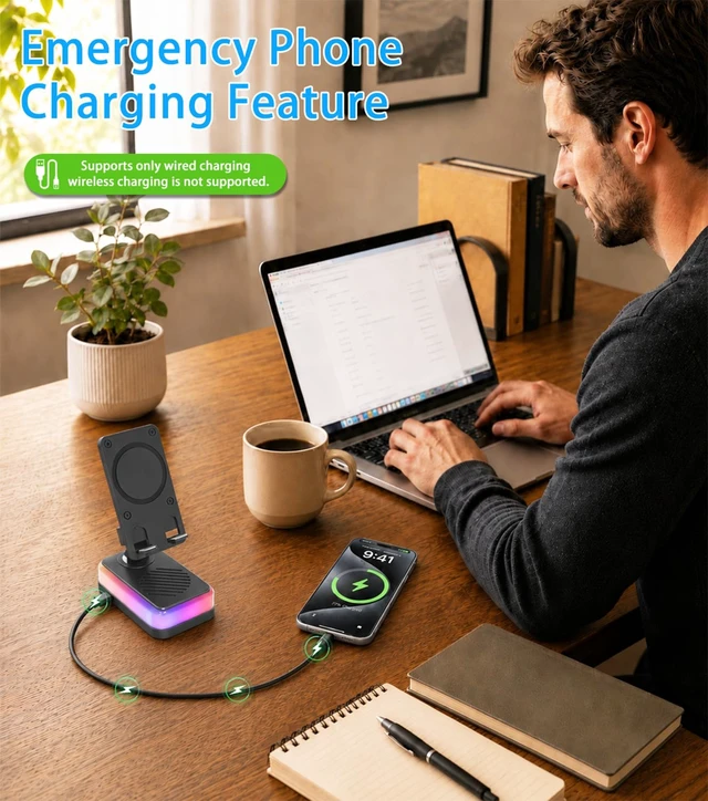 Alt view image 4 of 7 - Wireless Induction Speaker, Bluetooth Speaker with Phone Stand RGB light, 3000mAh rechargeable battery and foldable holder for iPhone, Android and iPad; gifts for men, women and teens