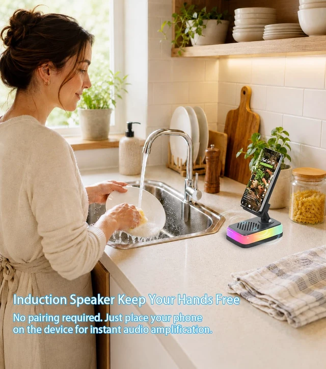 Alt view image 6 of 7 - Wireless Induction Speaker, Bluetooth Speaker with Phone Stand RGB light, 3000mAh rechargeable battery and foldable holder for iPhone, Android and iPad; gifts for men, women and teens