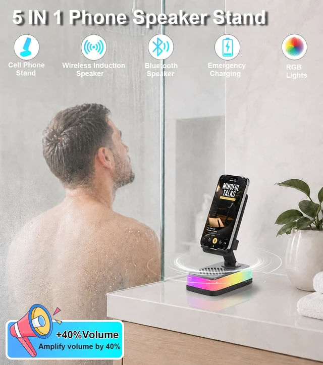 Alt view image 7 of 7 - Wireless Induction Speaker, Bluetooth Speaker with Phone Stand RGB light, 3000mAh rechargeable battery and foldable holder for iPhone, Android and iPad; gifts for men, women and teens