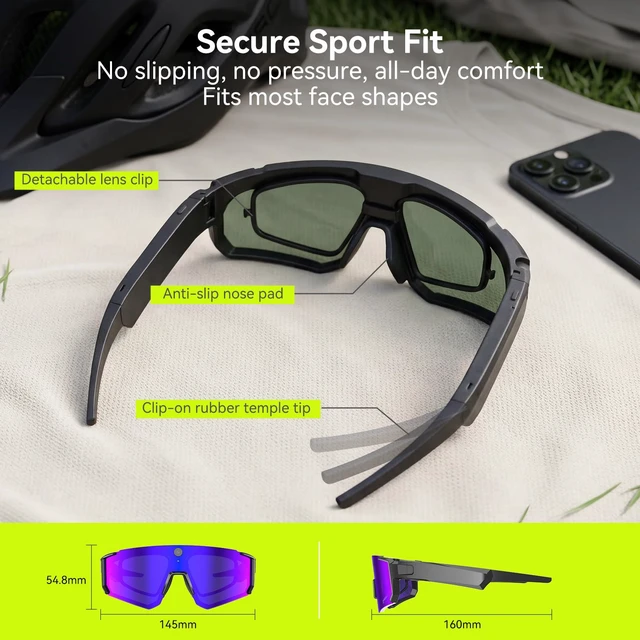Alt view image 6 of 7 - AI Smart Glasses with Camera, 4K Hands-Free Recording, 6-Axis EIS Stabilization, Open-Ear Audio, AI Voice Assistant & Object Recognition, IP66, for Sports Cycling Running Hiking, Matte Black