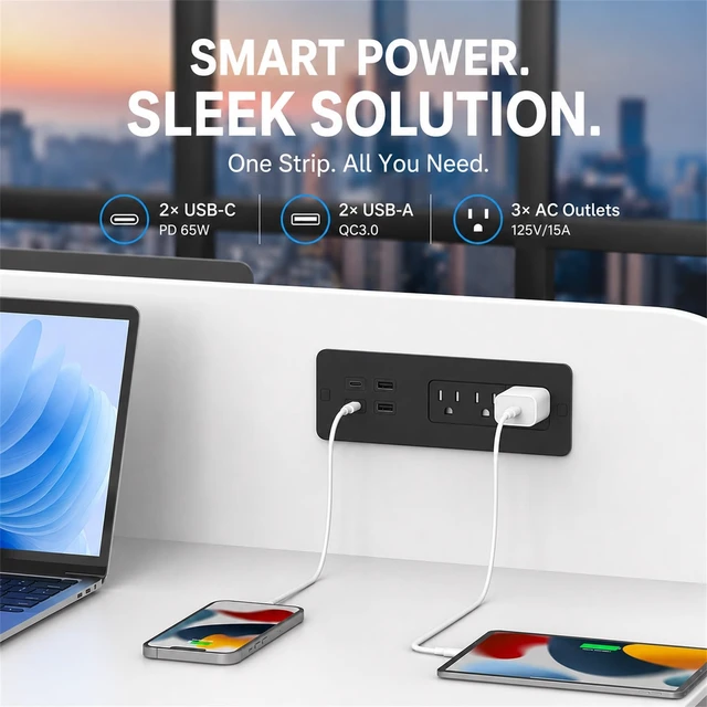 Alt view image 2 of 7 - Recessed Power Strip with 65W USB C, Countertop Desk Outlet with 3 AC Outlets, 4 USB Ports, 900J Surge Protector, 6.5ft Cord with 45° Flat Plug, Drawer Outlet with Gold & Silver Stickers
