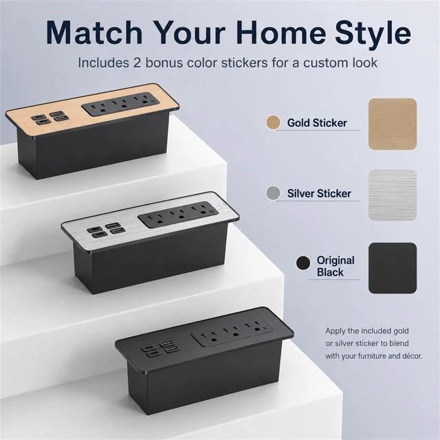Alt view image 3 of 7 - Recessed Power Strip with 65W USB C, Countertop Desk Outlet with 3 AC Outlets, 4 USB Ports, 900J Surge Protector, 6.5ft Cord with 45° Flat Plug, Drawer Outlet with Gold & Silver Stickers