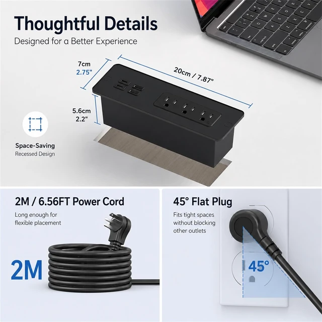 Alt view image 6 of 7 - Recessed Power Strip with 65W USB C, Countertop Desk Outlet with 3 AC Outlets, 4 USB Ports, 900J Surge Protector, 6.5ft Cord with 45° Flat Plug, Drawer Outlet with Gold & Silver Stickers