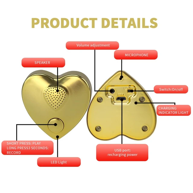 Alt view image 3 of 7 - 350s Voice Box Recordable Presents Button Sound Box for Stuffed Animals, Voice Recorder for Mother's Day Valentine Christmas Plush Toy,Manual DIY Creative Sound Present for Boys Girls (Gold)