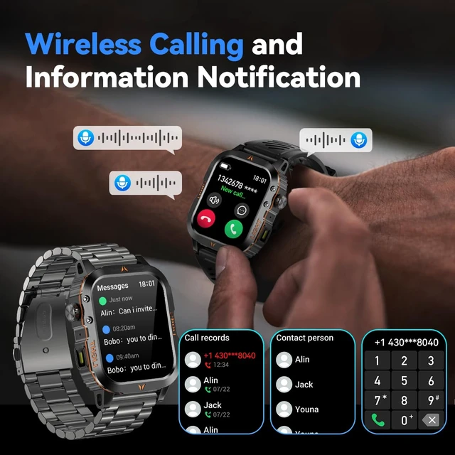 Alt view image 5 of 7 - QTLLBT Men's Military Smart Watch 1500mAh Battery 30day IP68 Waterproof Suitable for Swimming Answer/Make Call Function Outdoor Tactical Smart Fitness Watch Heart Rate for Android & iOS