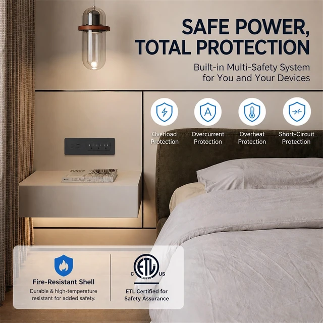 Alt view image 7 of 7 - Recessed Power Strip with 65W USB C, Countertop Desk Outlet with 3 AC Outlets, 4 USB Ports, 900J Surge Protector, 6.5ft Cord with 45° Flat Plug, Drawer Outlet with Gold & Silver Stickers