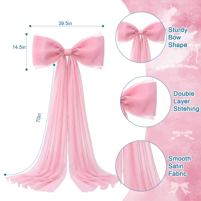 Alt view image 2 of 6 - 39x70 Inch Extra Large Pink Bow Decorations, Giant Tulle Bow for Wedding Backdrop, Big Coquette Room Wall Decor, Bridal Shower Baby Birthday Party Arch Supplies (Pink)