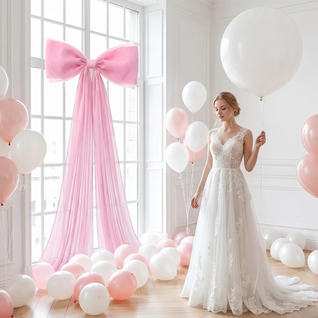 Alt view image 3 of 6 - 39x70 Inch Extra Large Pink Bow Decorations, Giant Tulle Bow for Wedding Backdrop, Big Coquette Room Wall Decor, Bridal Shower Baby Birthday Party Arch Supplies (Pink)